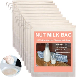 10 Pack Nut Milk Bag, 14" X 12" 100% Unbleached Fine Mesh Cheesecloth - Picture 1 of 12