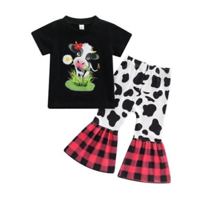 New Boutique Cow Print Outfit Girls Size 6 Short Sleeve Bell Bottom Pants Set