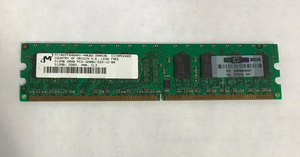 Tarjeta de memoria RAM Micron MT16HTF64AY-40EB2 DDR2 512 MB PC2-3200 375239-041 Foto 1 de 1