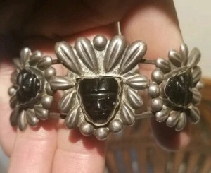 RARE 40's MEXICO SILVER BLACK ONYX OBSIDIAN? CARVED AZTEC MASK CUFF BRACELET  - Picture 1 of 8