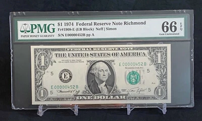 NQC Fr 1908-E 1974 $1 FRN (Low Serial Number 452) - PMG Gem Unc 66 EPQ - Image 1 of 2