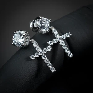 Iced Mens Cross Drop Hanging Huggie Sterling Silver Cz Stud Dangle Hoop Earrings - Picture 1 of 4