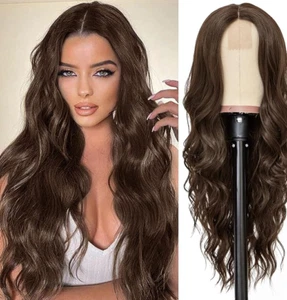 NAYOO Long Dark Brown Wavy Wig for Women 26 Inch Middle Part Curly Wavy Wig N... - Picture 1 of 2