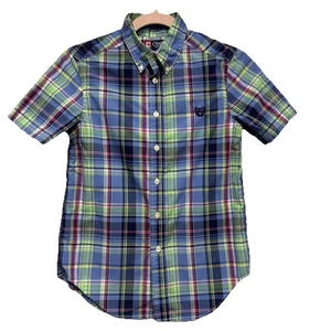 CHAPS Boys Button Down Plaid Shirt Kids Size M (10-12) Short Sleeve Blue Green - Picture 1 of 6