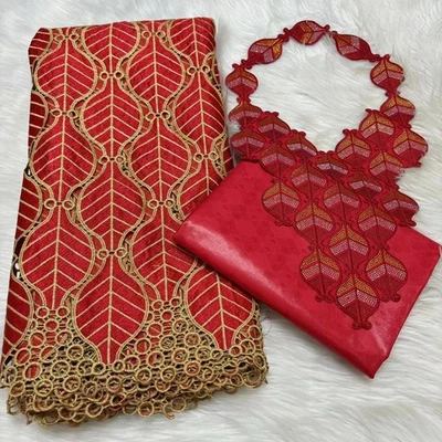 YQOINFKS Cord Lace Mesh Cotton Fabric Sewing Africa Bazin Fabric Party Dress Set - Image 1 of 4