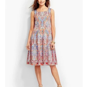 Talbots Colorful Orange Paisley Sleeveless Poplin Shift Dress Size 12 Pockets - Picture 1 of 11