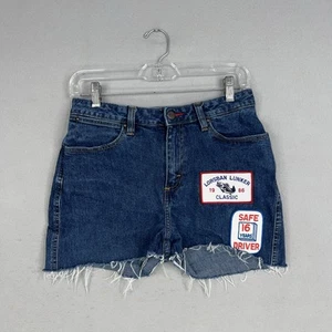 Wrangler Jeansshorts Damen 7/8 blau Denim Fransen-Patch individueller Cutoff Drive Race - Bild 1 von 11
