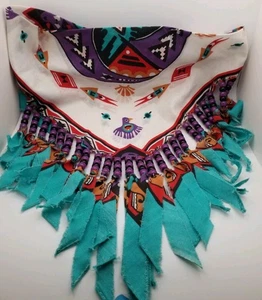 Vintage Wamcraft Fringed Southwest Print Beaded Bandana Kerchief Native American - Picture 1 of 15