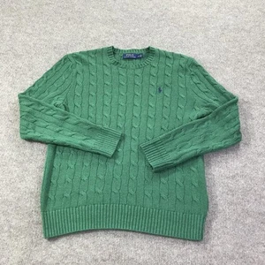 Polo Ralph Lauren Sweater Mens Medium Green Cable Knit Crewneck Pullover Cotton - Picture 1 of 12