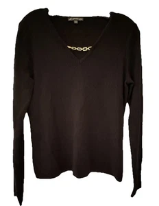 Women’s Adrianna Papell SZ M Black Pullover Sweater Dressy Gold Accent At Neck - Picture 1 of 8