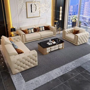 Elegant Tufted Leather Sofa Set - Picture 1 of 8