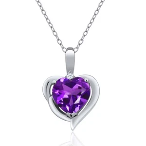 925 Sterling Silver Amethyst and White Topaz Heart Shape Pendant Necklace For - Picture 1 of 4