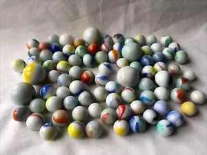 Vintage Toy Milk White Glass Marbles Blue Orange Green red Streaks Flecks - Picture 1 of 10