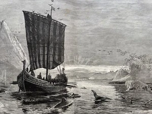 Large antique engraving arctic exploration Discovery of Greenland Eric 1875 - Picture 1 of 5
