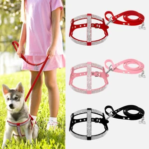 Bling Rhinestone Step-in Pet Dog Harness and Leash Suede for Medium Large Dogs - Picture 1 of 20