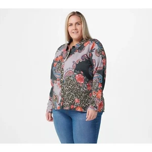 Tolani Collection Women's Button Front Printed Top XL Black A389942 NEW - Picture 1 of 5