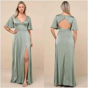 LULU’S Elegant Confidence Sage Satin Flutter Sleeve Cutout Maxi Dress - Picture 1 of 9