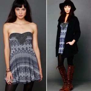 Free People Strapless Mini Dress Sz M Blue Black Embellished Bohemian Coastal - Picture 1 of 16