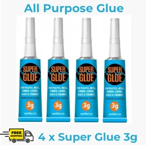 New 4 Pack SUPER GLUE Strong Bond Adhesive Plastic Glass Wood Rubber Metal 3g ✔ - Picture 1 of 5