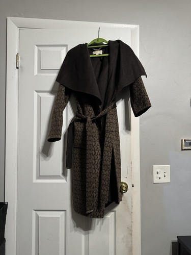 Cappotto avvolgente Michael Kors misto lana marrone cioccolato jacquard donna taglia XS