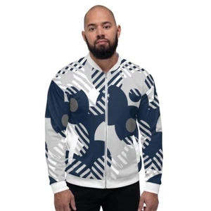 Bomberjacke für Herren - Blau und Grau Retro Geometrisches Muster - Bild 1 von 12