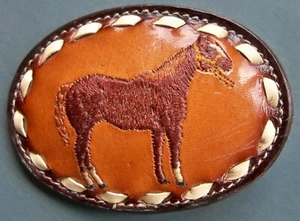 TONY LAMA STITCHED LEATHER HORSE BELT BUCKLE #4814 MINT VINTAGE 1970'S - Picture 1 of 5