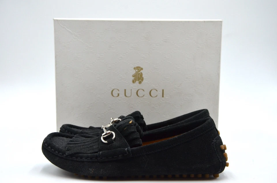 NUEVO ZAPATO MOCASÍN GUCCI BOY NEGRO GAMUZA FLECOS - TALLA EE. UU. 1/UK 32 Foto 1 de 4
