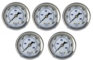 5 PACK LIQUID FILLED PRESSURE GAUGE 0-6000 PSI, 2" FACE, 1/4" BACK MOUNT - Picture 1 of 3