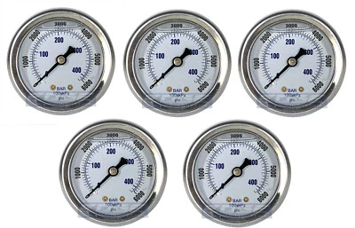 5 PACK LIQUID FILLED PRESSURE GAUGE 0-6000 PSI, 2" FACE, 1/4" BACK MOUNT - Image 1 of 3
