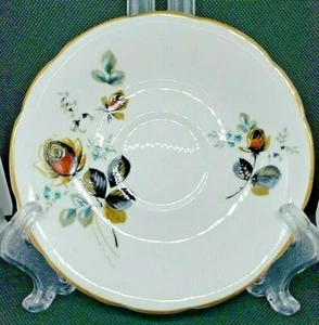 Vintage Delphine Bone China Saucer England Gold Trim Roses Red Gray Blue Leaves - Picture 1 of 5