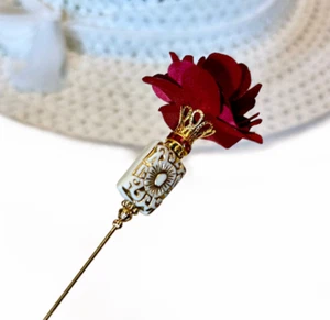 HATPIN with DARK RED Fabric FLOWER & Pearl +Rhinestones in Gold Finish - 8 in - Picture 1 of 11