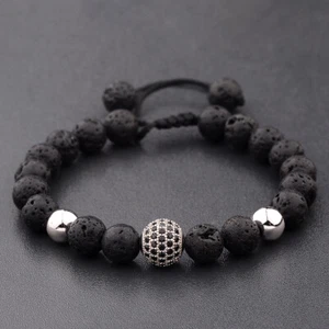 Moda Hombres Natural Negro Lava Circón Micro Pavé Redondo Cuentas Macramé Pulseras - Imagen 1 de 26