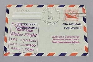 USA 1957 10c First TWA Polar Flight L.A. Paris Rome Cover to Auburn, California - Picture 1 of 2