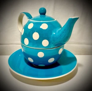 Whittard Of Chelsea Teal White Polkodots Tea For One Set - Excellent Condition - Picture 1 of 10