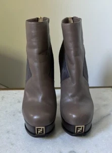Fendi FF Fendista Taupe/ Brown  Leather And Calf Hair Platform Ankle Boot 37 1/2 - Picture 1 of 11