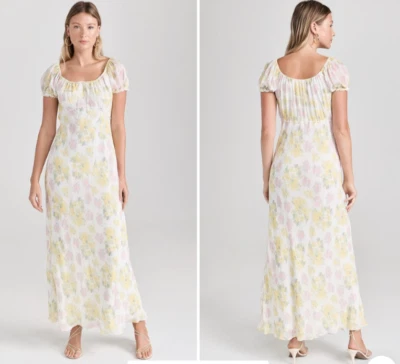 LoveShackFancy White Yellow Pink Floral Print Kelila Chiffon Lace Maxi Dress S - Image 1 of 4