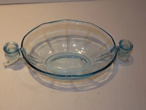 Rare Blue Depression Glass Oval Bowl w Attached Candle Holders - Picture 1 of 6