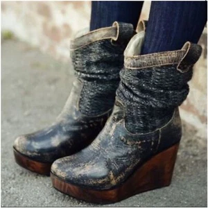 Bed Stu Bruges II Knit Slouch Leather Platform Wooden Wedge Boots Distressed - Picture 1 of 13