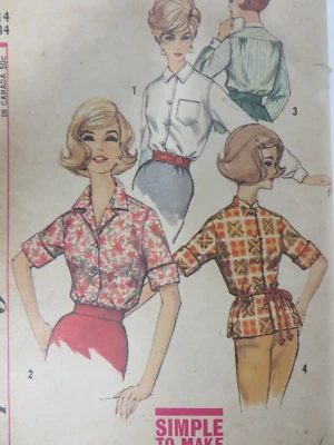 Vtg 60's Simplicity 4056 SHIRT BLOUSE MANDARIN COLLAR Sewing Pattern Woman Sz 14 - Image 1 of 4