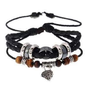 Unisex Handmade Leather Braided Surfer Wristband Bracelet Leaf Pendant Strap - Picture 1 of 7