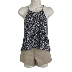 American Eagle XS Womens Halter Tank Top Black Floral Peplum Gold Sleeveless AEO - Picture 1 of 5