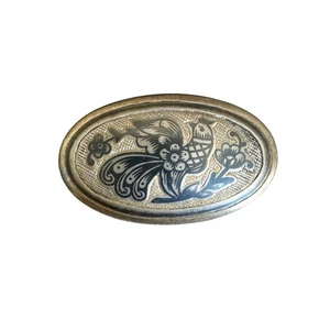 Vtg Russian Soviet Era Northern Black Niello Silver 925 Oval Brooch Floral Bird - Picture 1 of 11