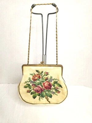 Vintage Petit Point Roses Small Purse With Gold Tone Scroll Handle 5.75x5.5" - Image 1 of 4