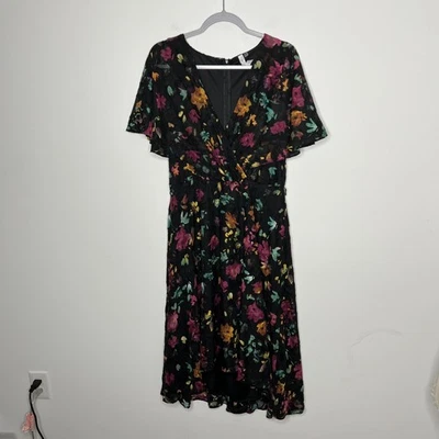 NY Collection Dress Womens XL Black Floral Flutter Sleeve Surplice Midi Lined - Image 1 of 4