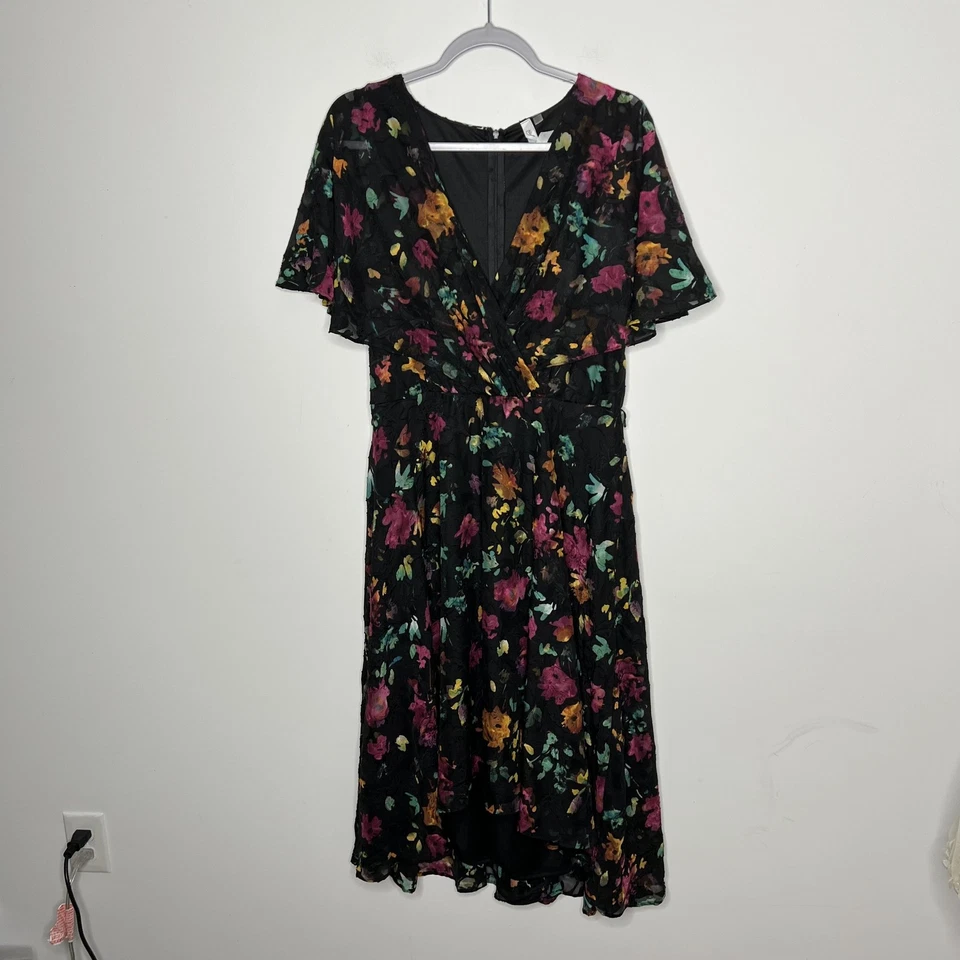 Vestido para mujer NY Collection XL negro floral manga acampanada sobrepelliz midi forrado Foto 1 de 4