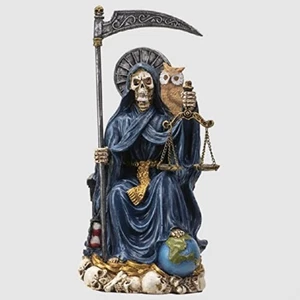 Pacific Trading Sitting Santa Muerte Blue Gown with Owl Figurine Death 9 Inch - Picture 1 of 6