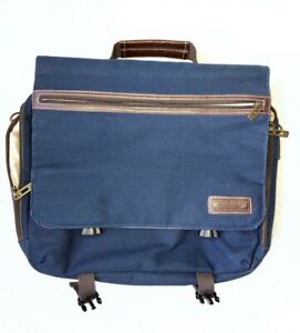 Tommy Hilfiger Messenger Bag Navy Blue Cotton Canvas Briefcase Leather Trim