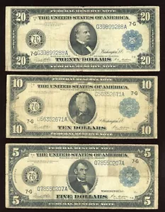 Set of 1914 $5 $10 $20 Federal Reserve Note Large Size Blue seal - Picture 1 of 2