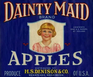 Dainty Maid Brand Apple Crate Label - Blue - Pink Top - One Bushel - Wenatchee - Picture 1 of 1