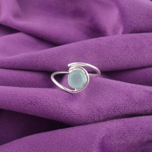 925 Sterlingsilber runder natürlicher Aqua Chalzedon Einfassung Bandring Größe alle Größen - Bild 1 von 6